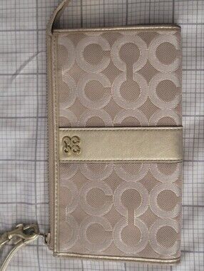 Coach Beige Signature Jacquard Wristlet with Metallic Stripe
